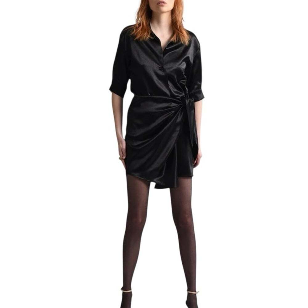 Molly Bracken Black Woven Faux Wrap Dress Women Large NWT